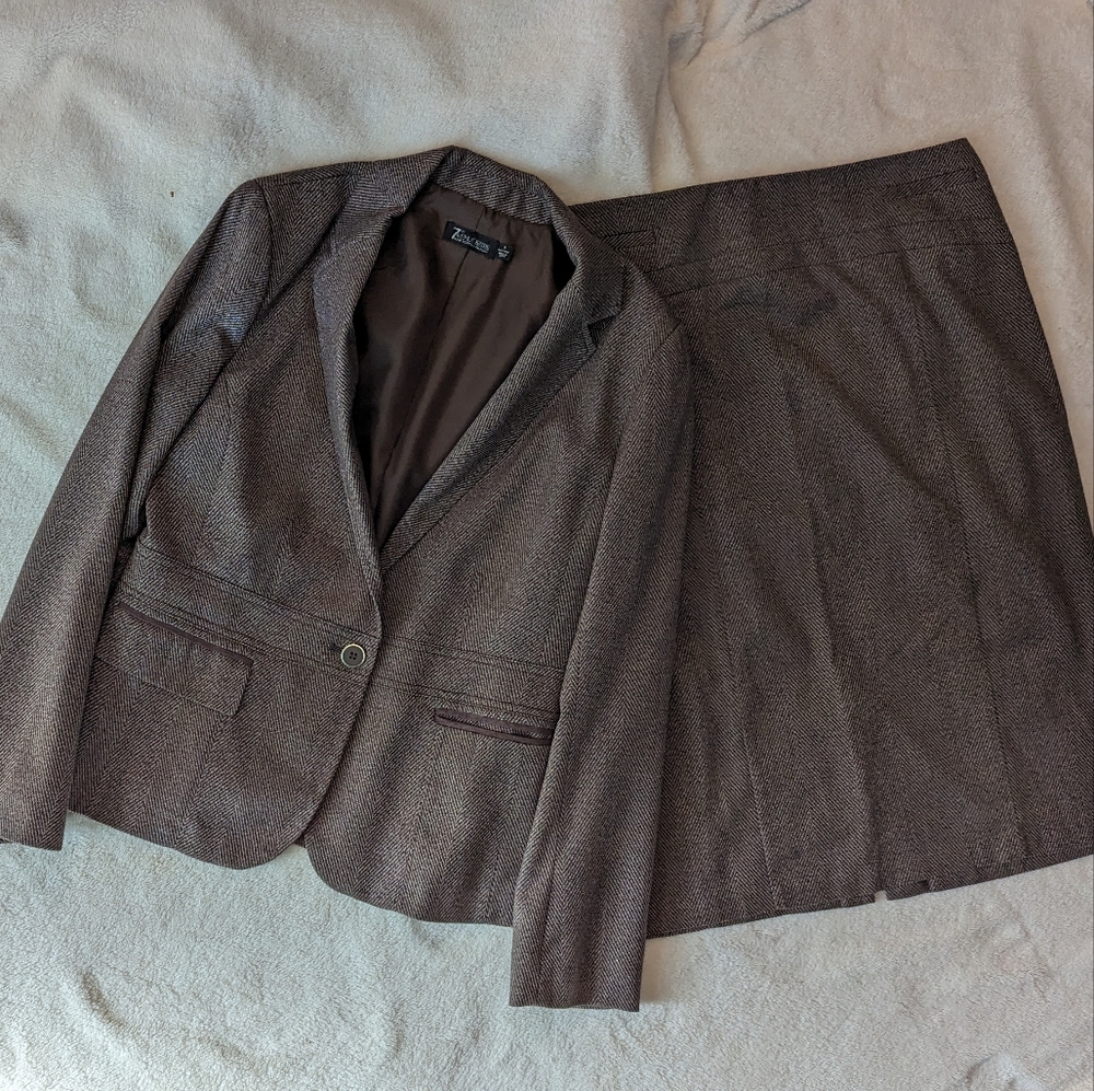 Chocolate brown tweed skirt suit jacket sz 8 skirt sz 12 - Picture 15 of 16